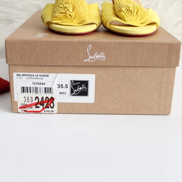 Christian Louboutin Belbrossa Yellow Suede Pompom Fringe Slip-On Kitten Heels - Picture 16 of 16